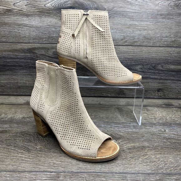 Toms Shoes - TOMS Majorca Peep Toe Suede Stucco Tan Perforated Ankle Boots Women’s 5.5